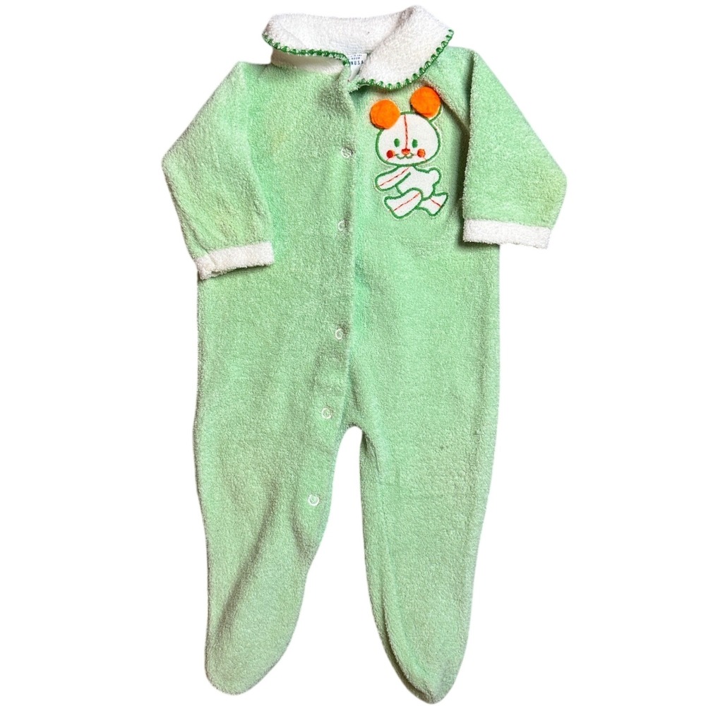 Vtg 70s Trimfit Sleeper Terry Cloth Green Mouse Applique Baby Small‎ 0-15 Lbs